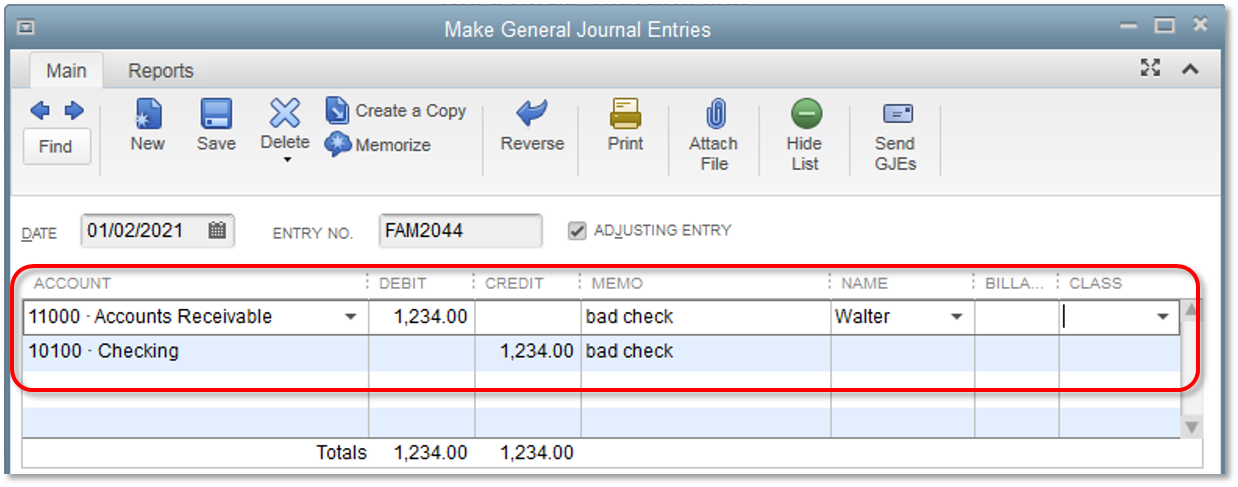create a record of a bounced check on quickbooks for mac